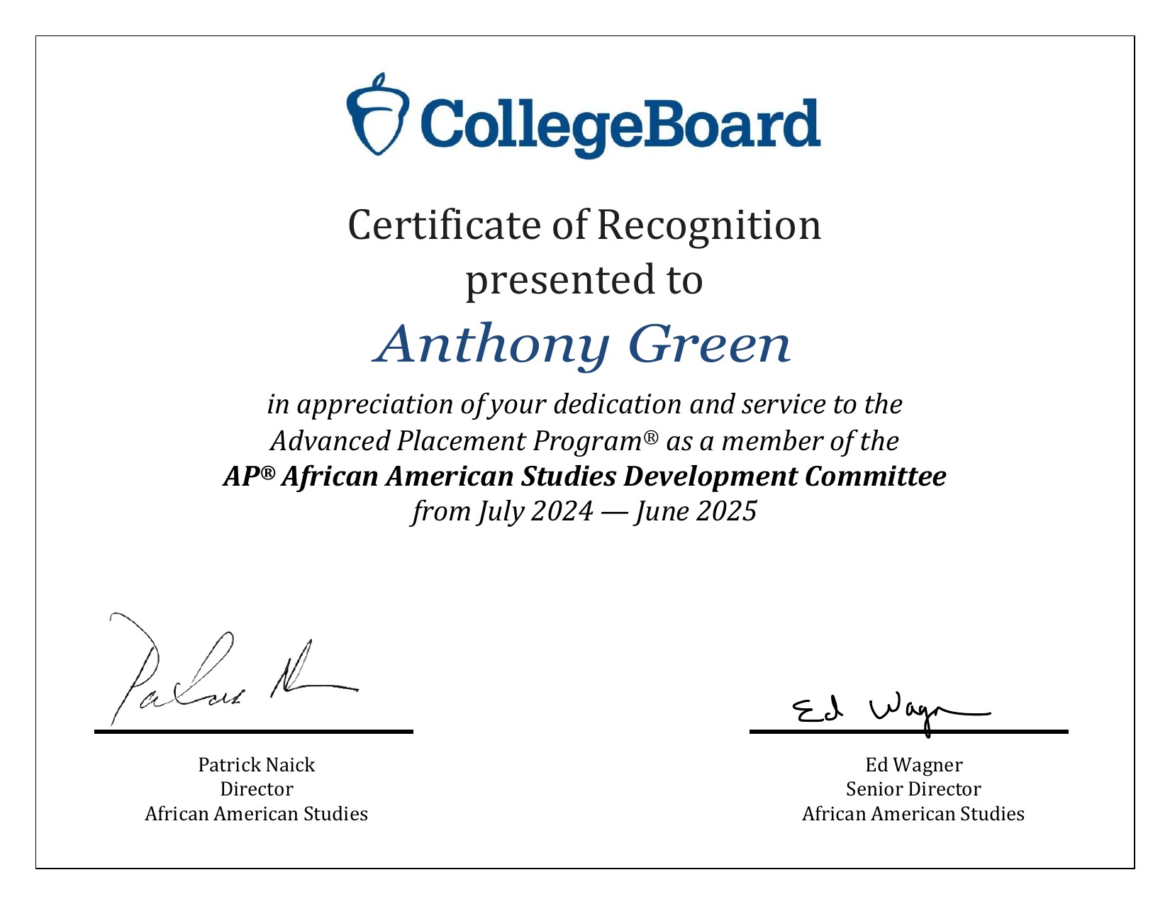 College Board Certificate of Recognition · 2024–25